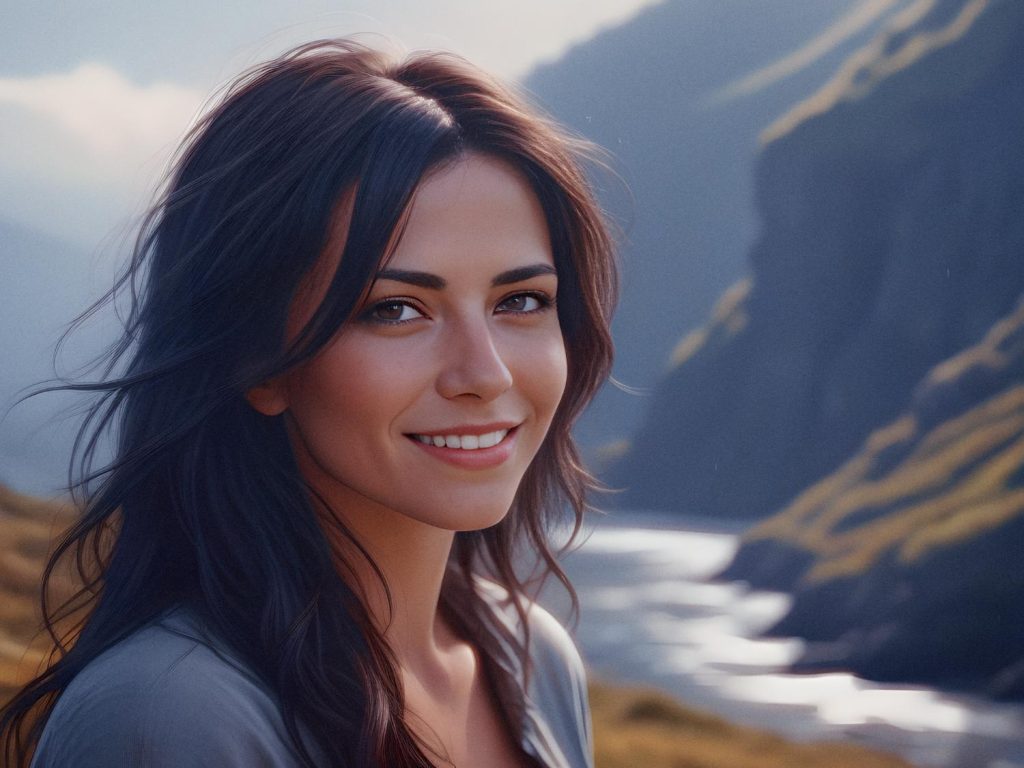A woman with long, dark hair smiles warmly, framed by rolling hills and a winding river. Her trendy crossbody bag adds chic sophistication to the serene landscape.