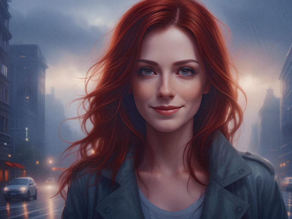 A woman with long, flowing red hair smiles softly on a rainy city street, donning a chic gray coat and a trendy 2024 bag. Warm city lights create an inviting glow against the overcast sky.