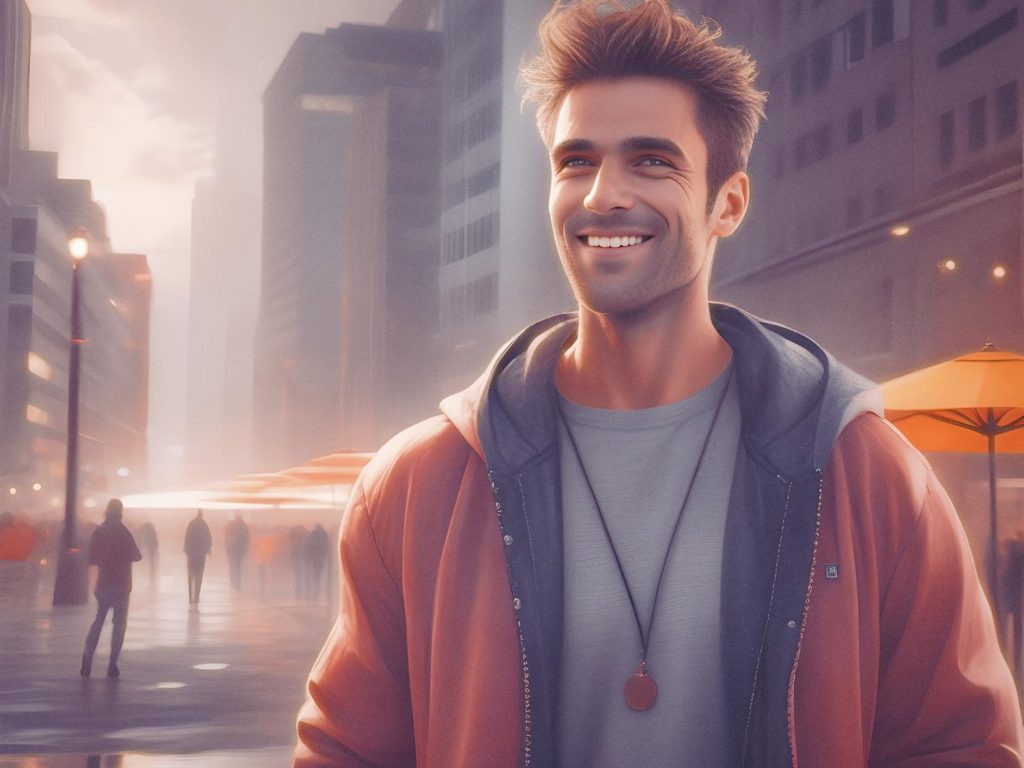 A smiling man in a red jacket & gray shirt with a pendant necklace stands on a misty city street, surrounded by tall buildings & blurred passersby—radiating effortless urban summer style.