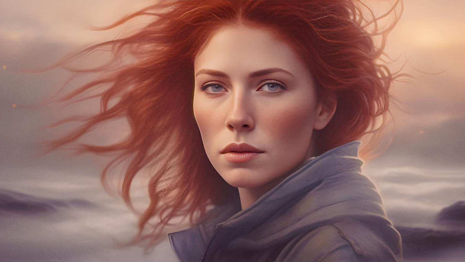 A woman with flowing red hair and blue eyes gazes intensely, her muted jacket and preppy beach bag completing an effortless summer look under a serene sky.