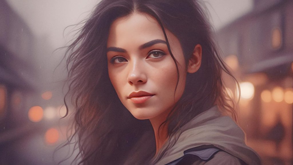 A woman with long, wavy dark hair and a neutral expression poses in a chic dark jacket, capturing summer style amidst glowing street lights.