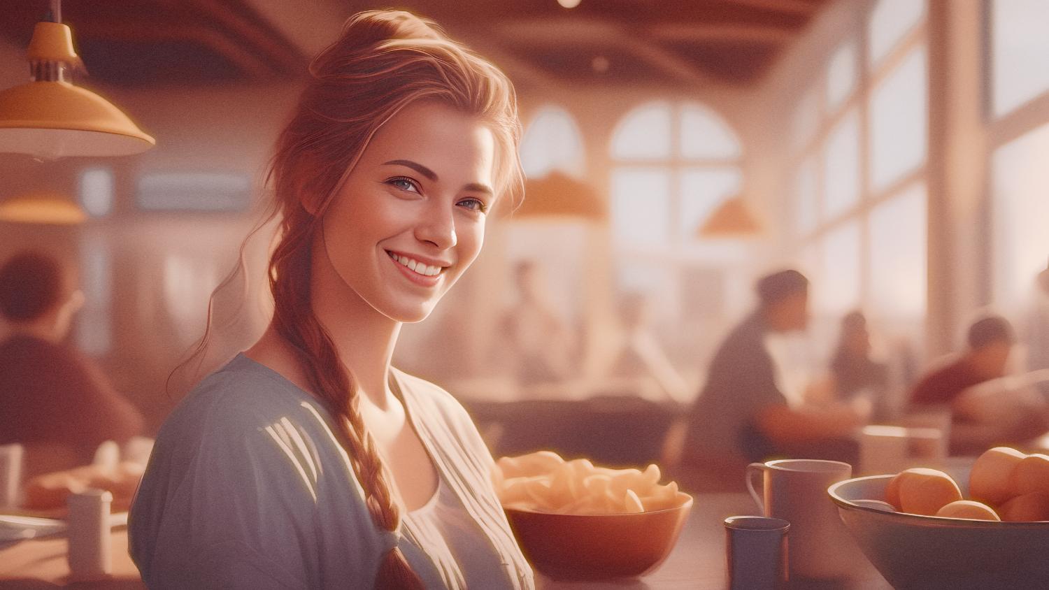 A person with long, braided hair and a warm smile enjoys a chic summer brunch in a sunlit café. Their preppy beach bag completes the stylish scene.