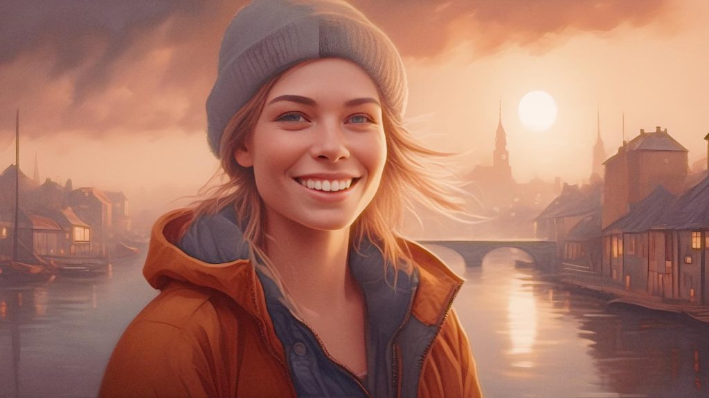 A person with a beaming smile rocking a cozy beanie and chic jacket in a canal-lined cityscape at golden hour, complemented by a preppy beach bag for summer vibes.