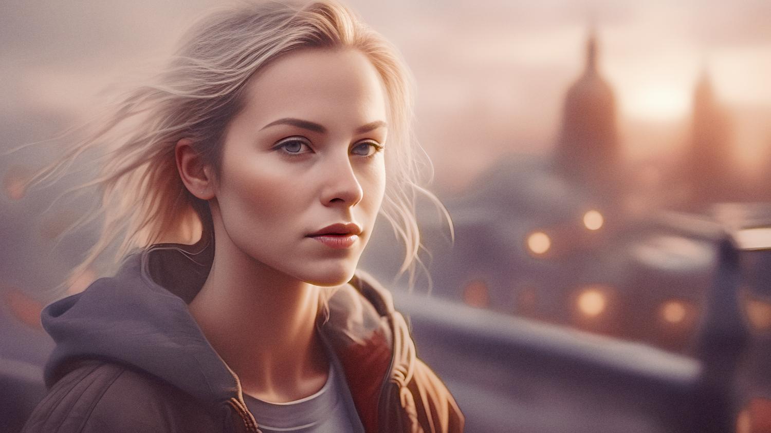 A stylish woman with light hair stands against a hazy dusk cityscape, her casual outfit accentuated by a chic preppy beach bag. Dreamy urban vibes.