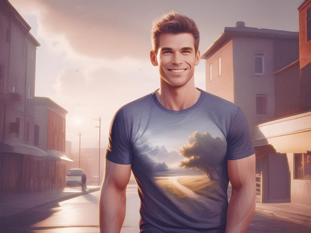 A person radiates summer vibes in a scenic landscape T-shirt, basking in the golden sunset on a city street lined with buildings and parked cars.