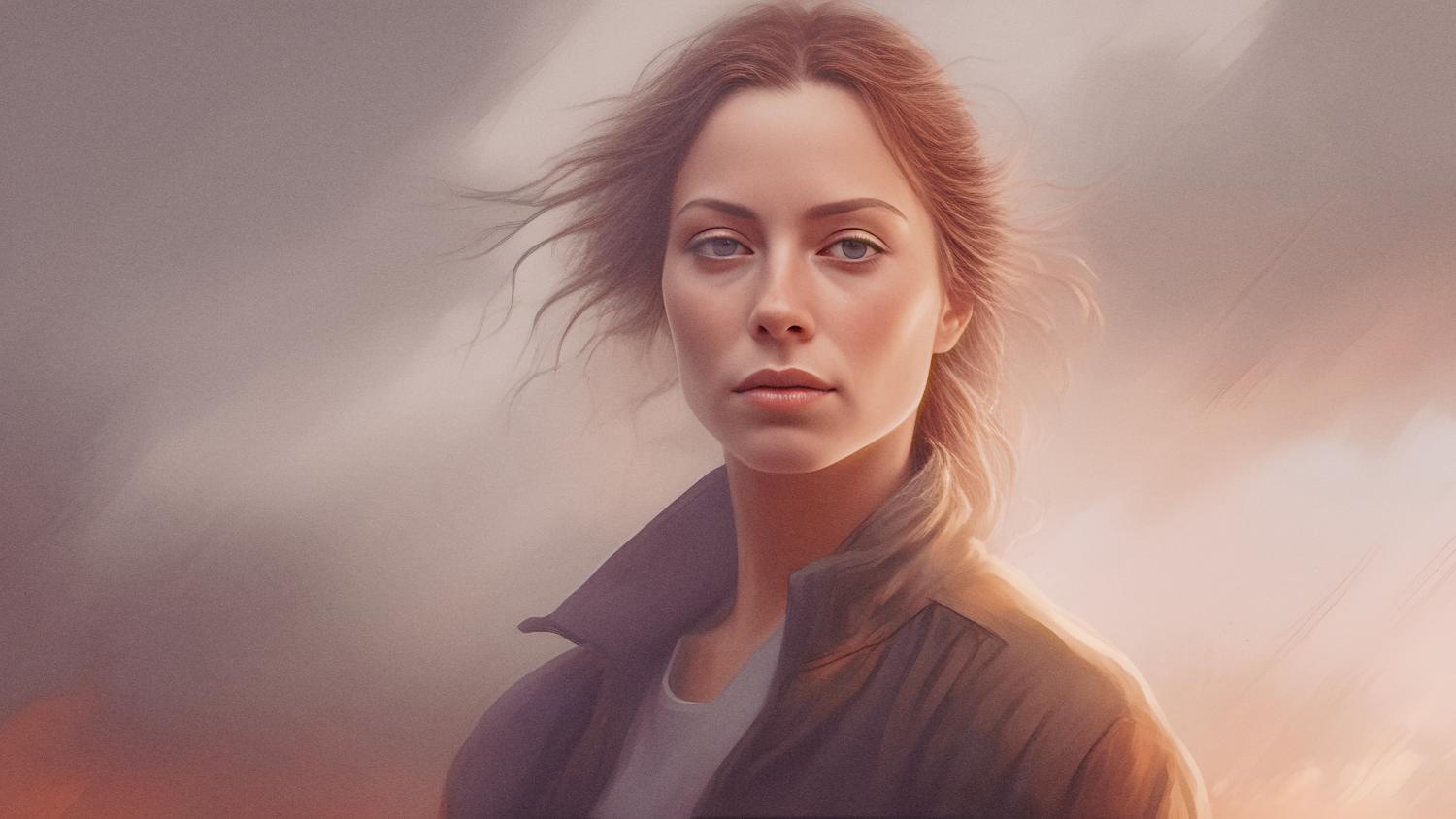A digital painting of a fashionable woman with long light brown hair, in a dark jacket, holding a preppy beach bag. Warm hues blend into cool tones.