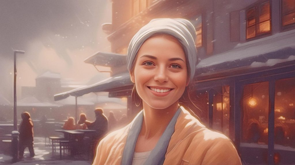 A young woman with a headscarf beams, her vibrant preppy beach bag a stylish contrast to the snowy street. Festive lights and cozy charm abound.