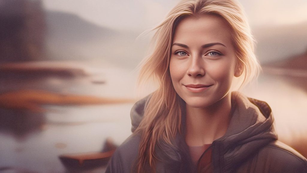 A smiling young woman with blonde hair stands near serene waters and mountains. Her chic jacket and preppy beach bag make a perfect summer style statement.
