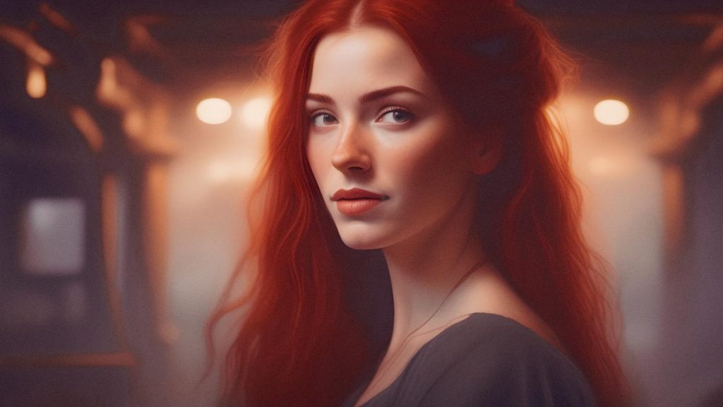 A woman with long, vibrant red hair and fair skin gazes softly at the camera in a dreamy, mystical setting. She holds a chic beach bag, adding an unexpected touch of summer style.