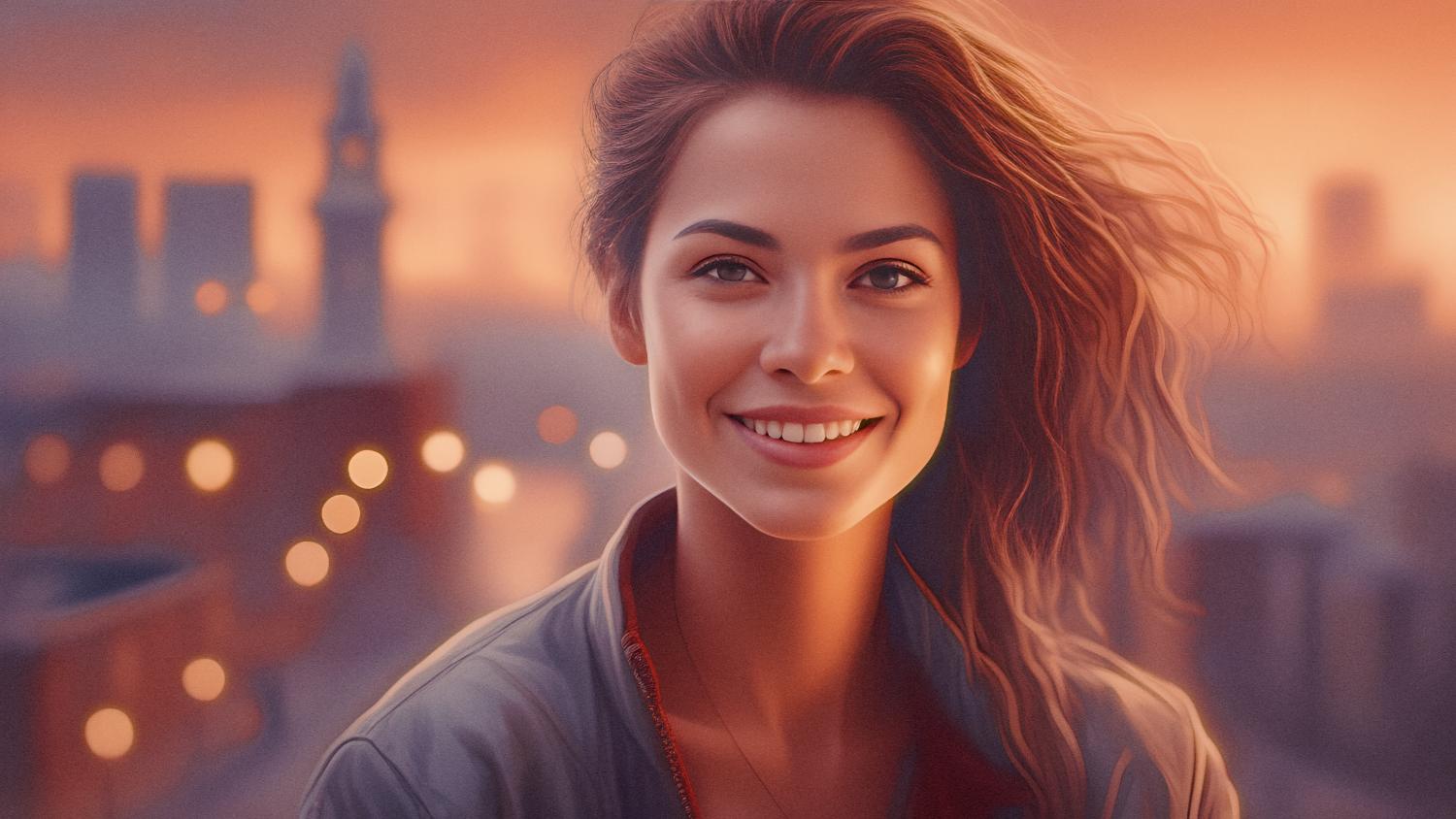A woman with wavy hair beams at the camera, holding a preppy beach bag against a softly lit urban skyline. Her summer style shines through in the warm, golden hues of sunset.