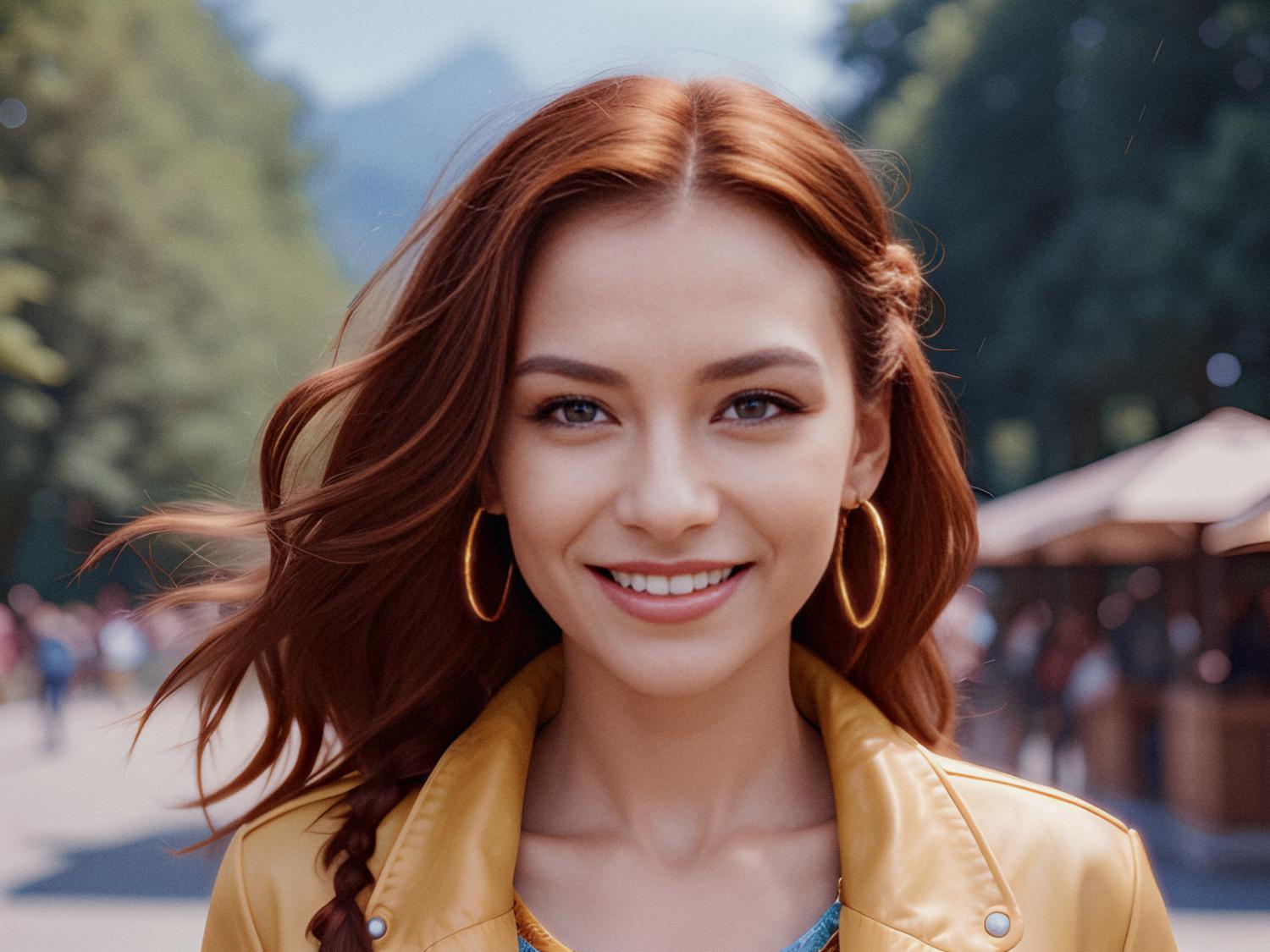 A young woman with long brown hair, beaming in the sunlight, flaunts a chic yellow jacket and gold hoop earrings. A perfect blend of joy and style amidst a vibrant, sunlit backdrop.