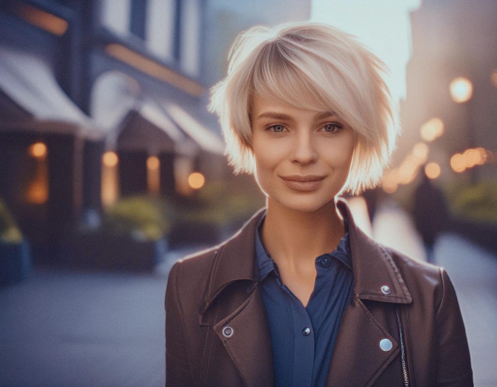 A confident woman with short, tousled blonde hair rocks a brown leather Chrome Industries jacket over a blue blouse. City street at dusk sets an urban chic backdrop.