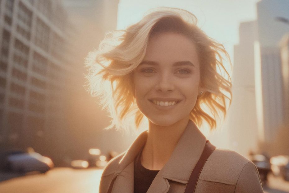 A woman with short, wavy blonde hair smiles warmly on a sunlit city street. She sports a stylish beige coat and chic teacher's messenger bag, framed by a glowing urban sunrise.
