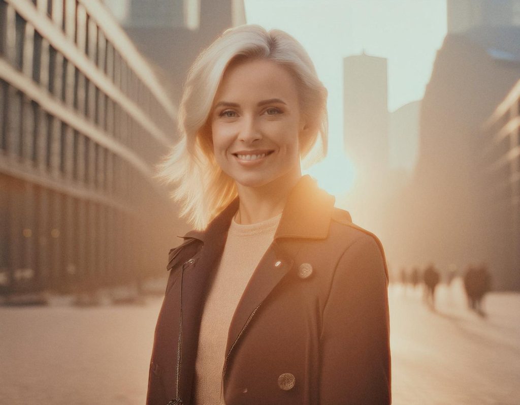 A smiling woman with chic short blonde hair stands in a sunlit cityscape, donning a dark coat over a light top and flaunting a stylish messenger bag.