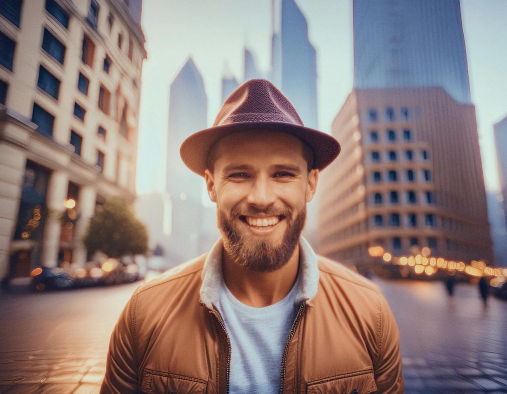 A bearded man wearing a hat and a brown jacket, accessorized with a stylish messenger bag, smiles on a city street at sunset, skyscrapers aglow.