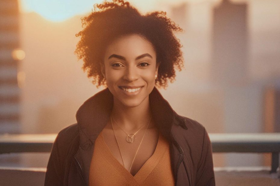 A stylish woman with curly hair and a warm smile poses at sunrise. Her brown coat, orange top, layered necklaces, and sleek messenger bag elevate her city-chic look against a softly blurred urban skyline.