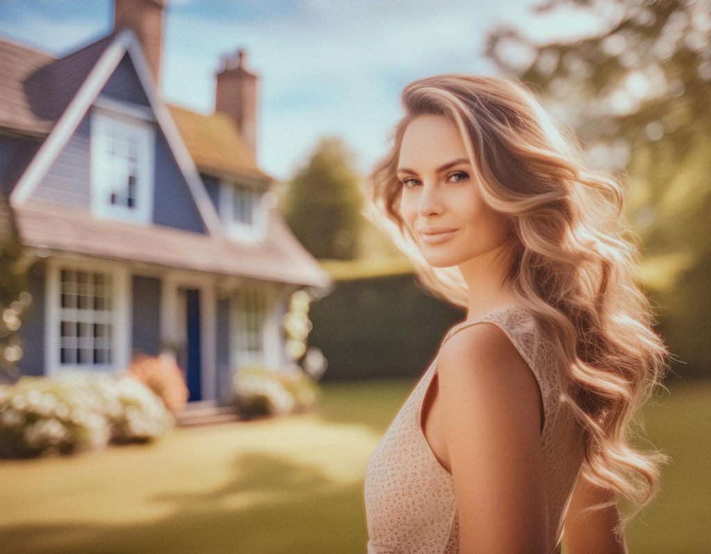A woman with wavy locks stands in front of a charming blue house, radiating elegance in a sleeveless dress and chic messenger bag. Sunny day vibes complete the serene scene.