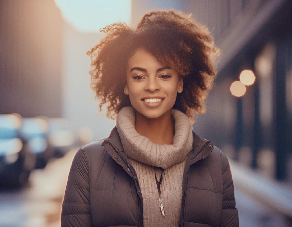 A woman with curly hair smiles warmly on a city street, rocking a dark puffer jacket and beige turtleneck, perfectly complemented by her chic messenger bag.