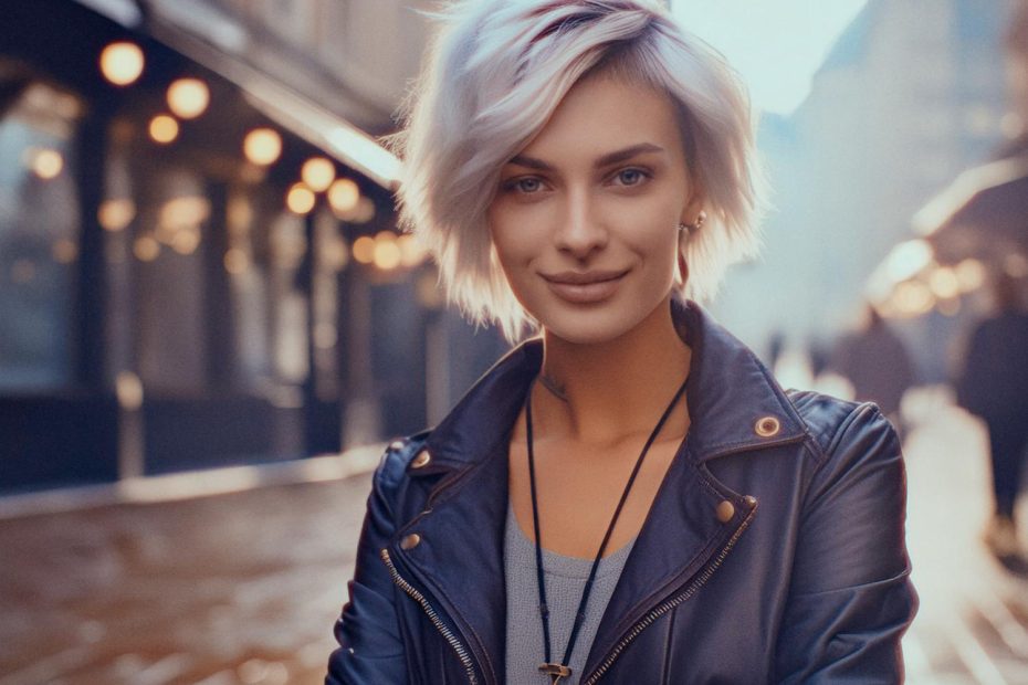 A chic woman with short blonde hair rocks a black leather jacket, pendant necklace, and messenger bag. Blurred city lights add an urban vibe. Confident smile.