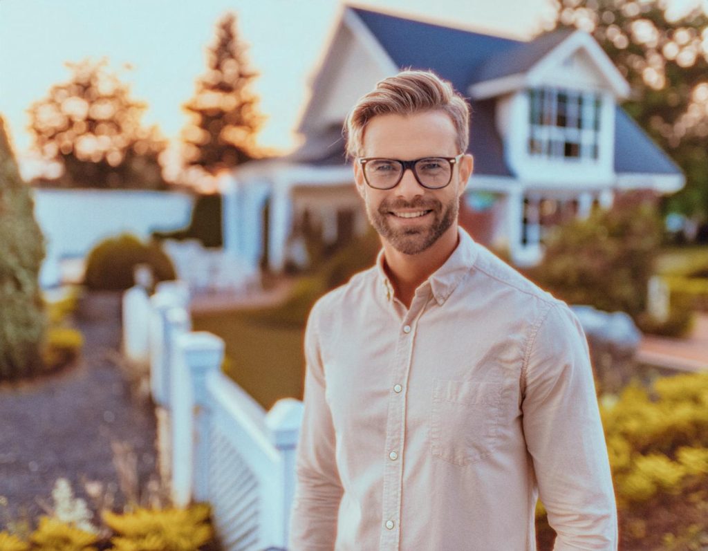 A stylish man with glasses and a beard smiles confidently, flaunting a light button-up shirt and chic messenger bag. A warm sunset backdrop enhances his look.