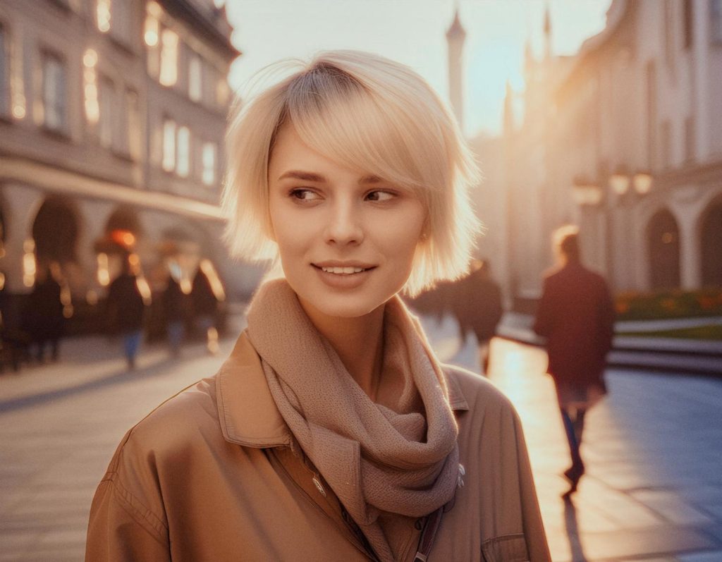A chic woman with short blonde hair and a light brown scarf, styled with a sleek Chrome Industries sling bag, beams on a sunlit, cobblestone street lined with historic buildings. Golden hour glow accentuates the scene as blurred figures pass by in the background.