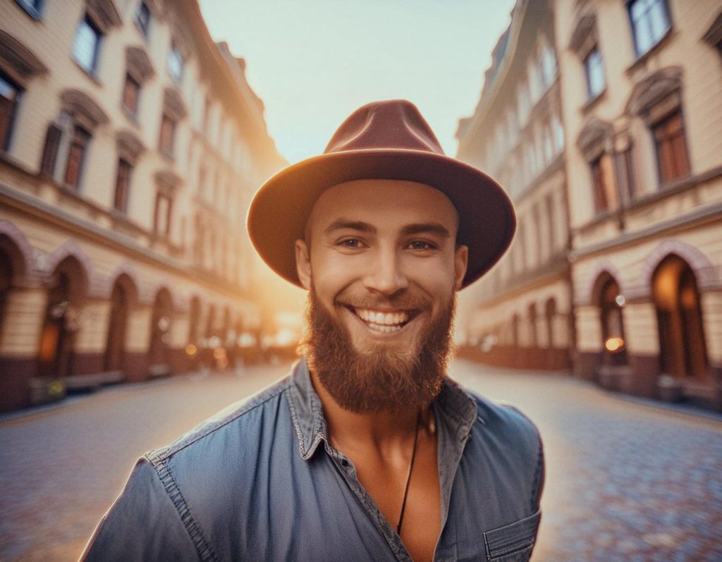 A stylish man with a beard and hat, donning a denim shirt and black messenger bag, smiles on a sunlit cobblestone street. Historic charm meets modern flair.
