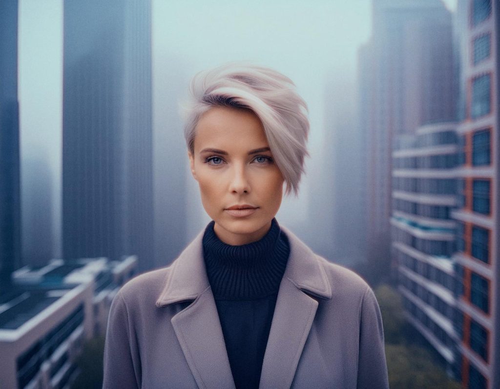 A stylish individual with platinum blonde hair and a chic blue messenger bag poses against a moody cityscape, donning a dark turtleneck and light overcoat.