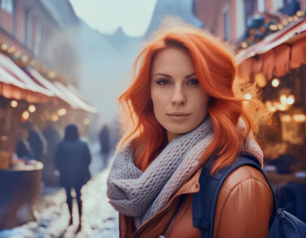 A fashionista with bold red hair and a cozy knit scarf rocks a chic blue messenger bag at a festive outdoor market adorned with twinkling lights.