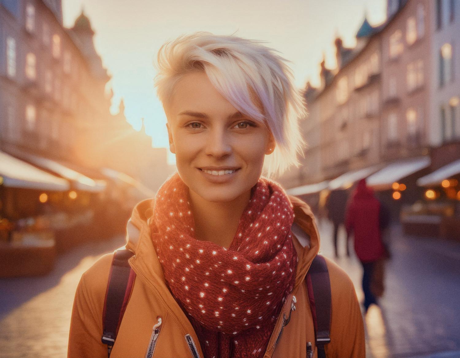 A person with short blonde hair beams on a sunlit street. Dressed in an orange jacket and red scarf, they effortlessly flaunt a chic brown messenger bag. Warm sunset hues enhance this stylish urban scene.