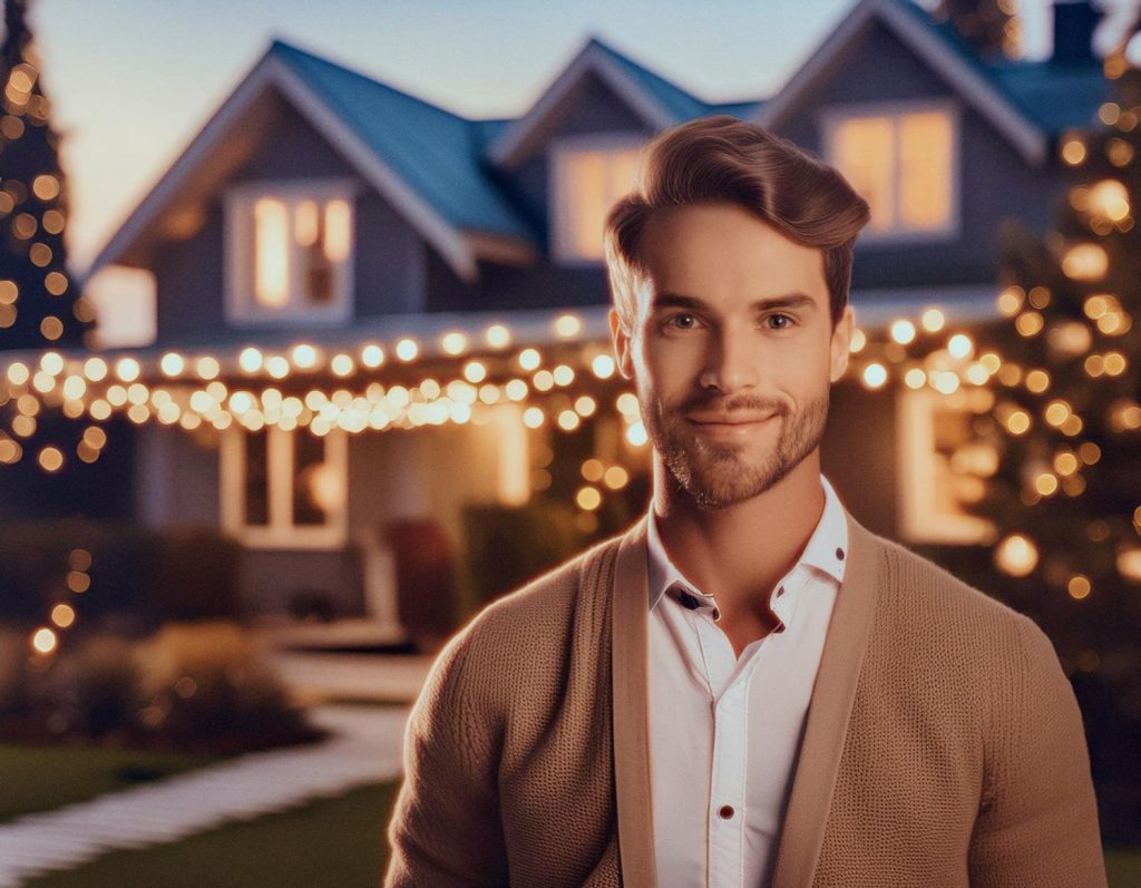 A stylish man with short hair and a beard, wearing a light cardigan over a white shirt, smiles with his trendy messenger bag. Glowing string lights adorn the two-story house behind him in the serene early evening.