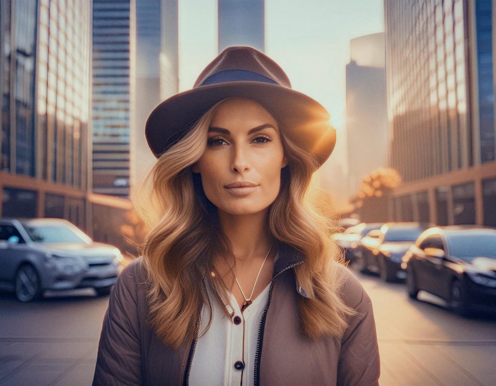 A fashionable woman with long wavy hair stands confidently in a city street, rocking a wide-brimmed hat, chic jacket, and brown messenger bag.