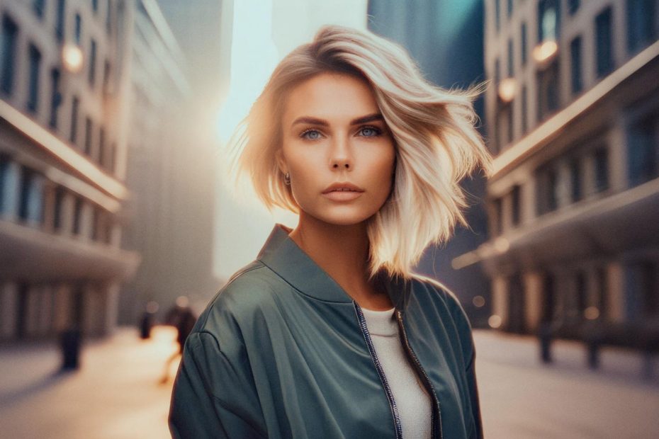 A chic woman with short blonde hair in a green jacket and canvas messenger bag poses stylishly against a sunset-lit urban backdrop.