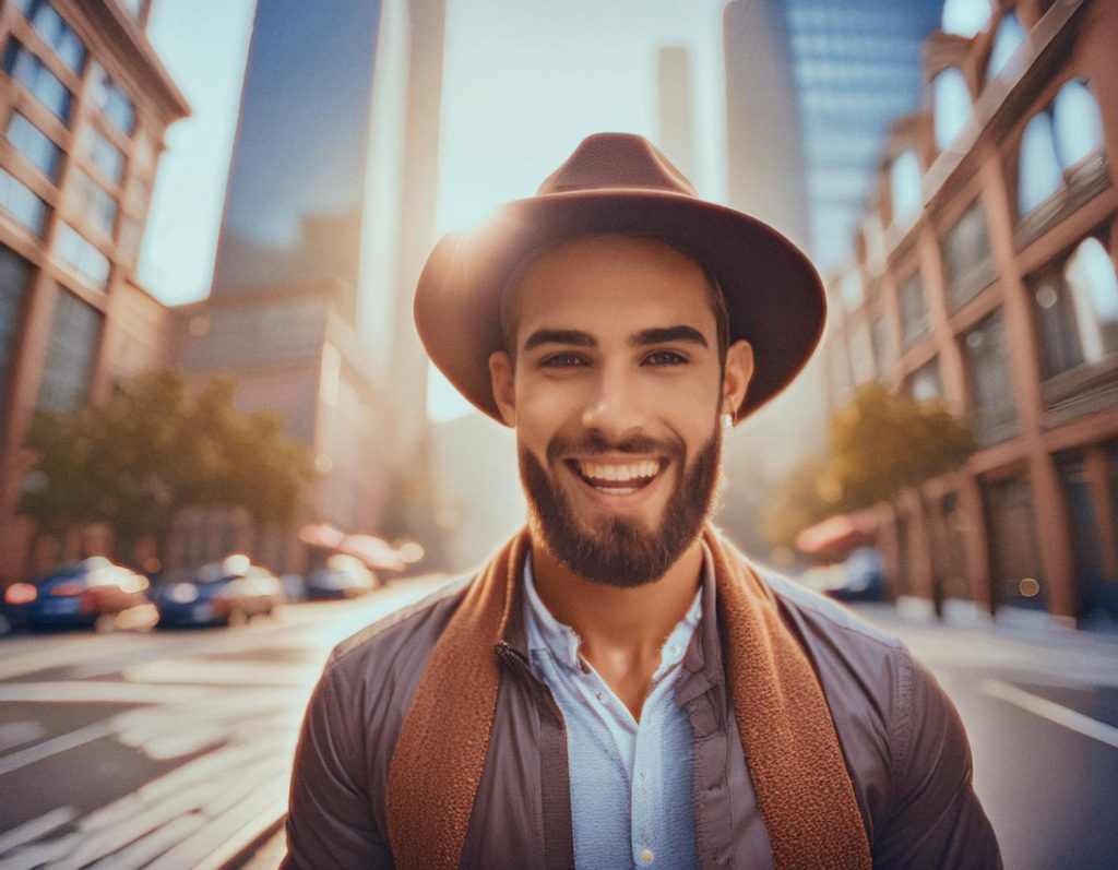 A bearded man in a chic brown jacket and wide-brimmed hat smiles warmly, his stylish crossbody backpack adding flair against a sunny urban backdrop.