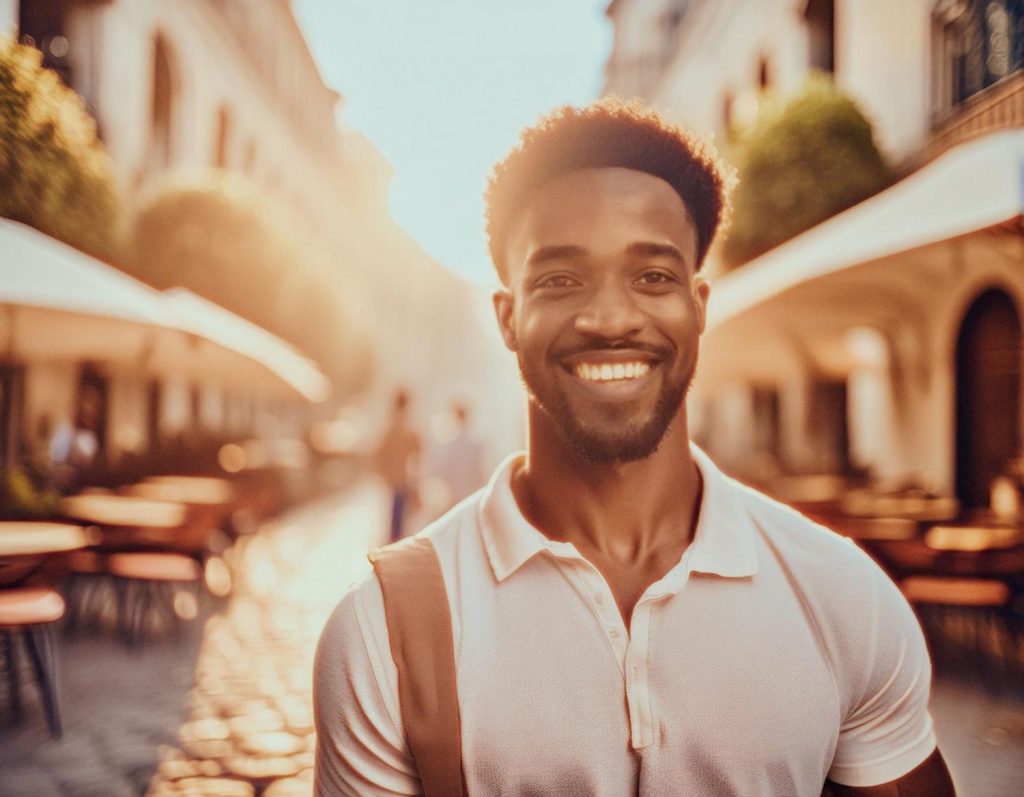 A bearded man with short curly hair exudes stylish charm on a sunlit, tree-lined street. He sports a light shirt and chic canvas messenger bag, set against outdoor café tables.