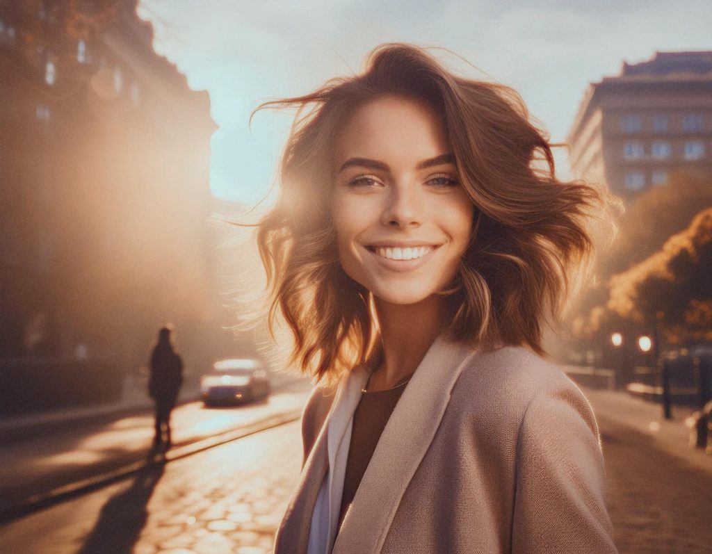 A woman with wavy brown hair beams on a sunlit city street. She wears a chic beige coat and totes a canvas messenger bag, glowing in the golden light.