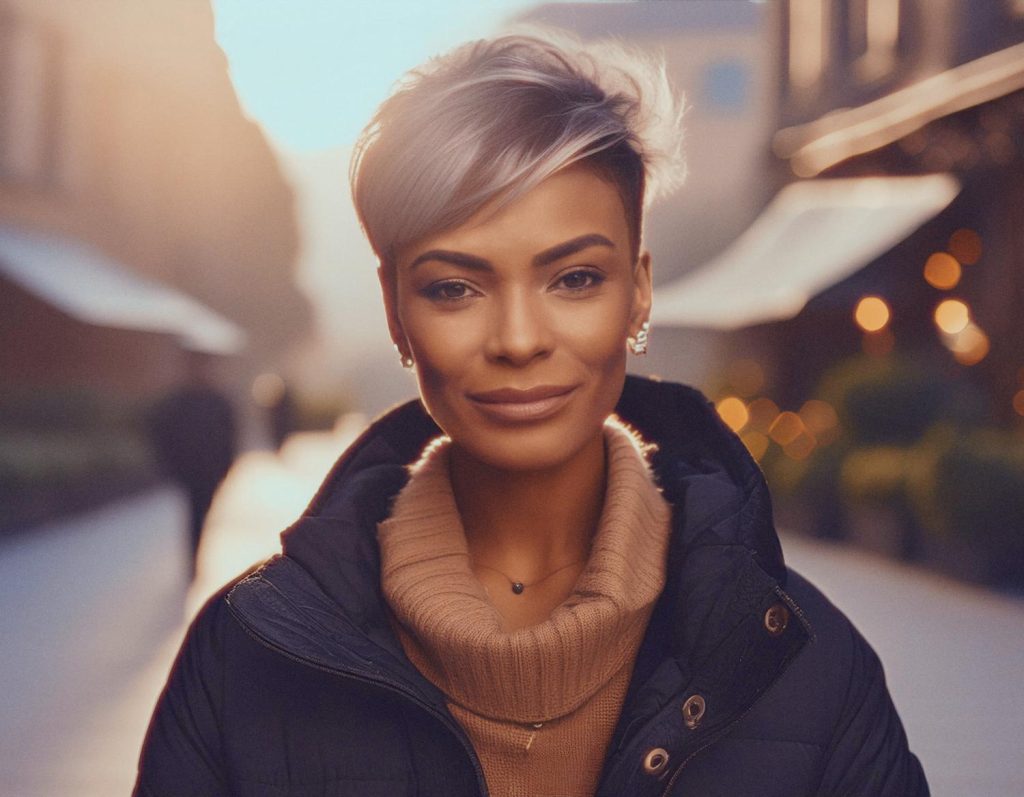 Chic urban flair: A confident smile pairs perfectly with swept light hair, a sleek black jacket, tan turtleneck, and layered accessories. Eddie Bauer bag in tow.
