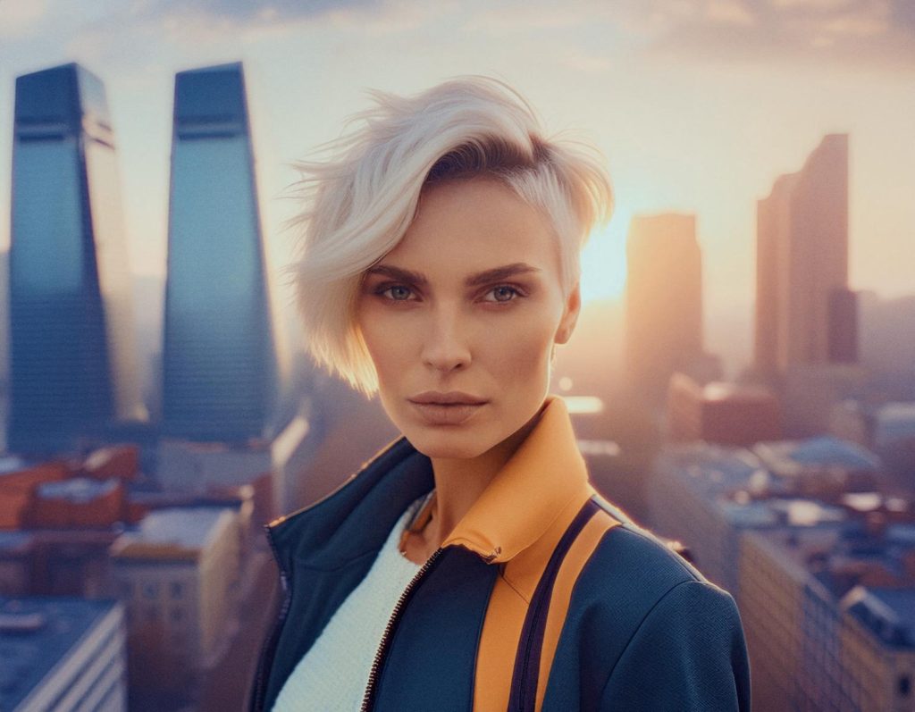 A person with chic, tousled platinum blonde hair stands confidently on a rooftop at sunset, rocking an orange-collared jacket and an Eddie Bauer bag against a cityscape backdrop. Fashion-forward meets adventure-ready!
