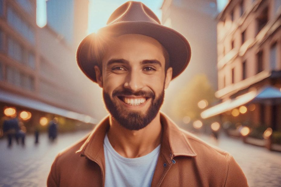 A bearded man exudes style in a fedora, brown jacket, and chic messenger bag. Bathed in sunlight, he stands confidently on an urban street.