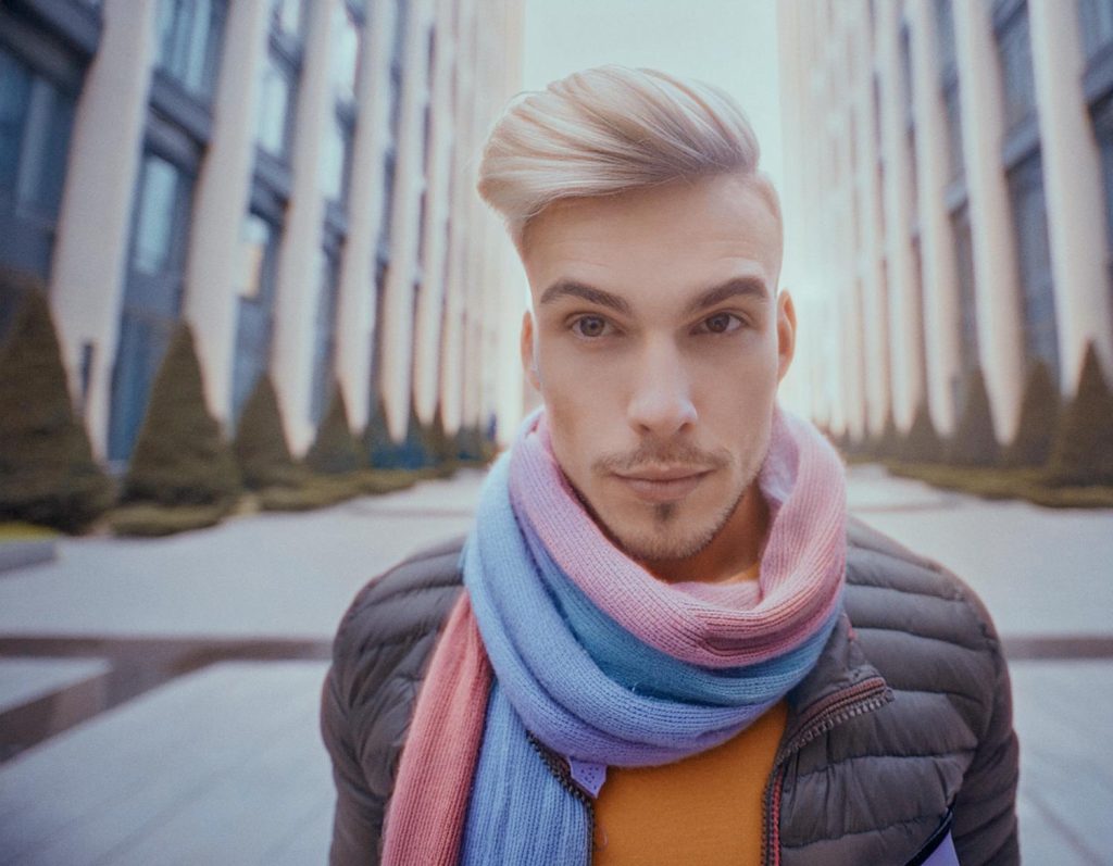 A stylish young man with blonde hair stands between modern high-rises, wearing a multicolored scarf, brown jacket, orange shirt, and a sleek cross-body bag—effortless urban chic.