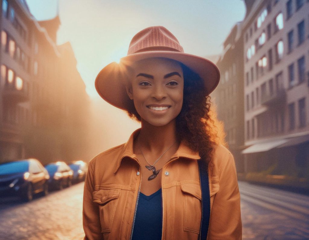 A woman with curly hair and a wide-brimmed hat beams under the sun, her chic orange jacket and stylish cross-body bag setting trends on a picturesque cobblestone street.