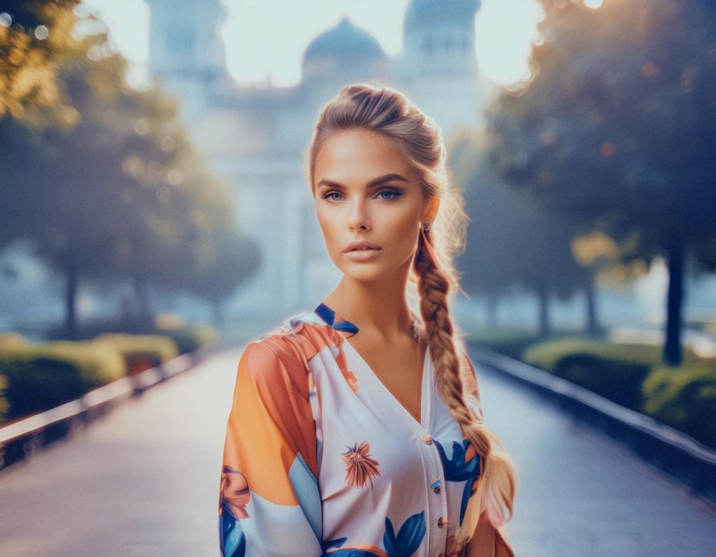 A chic woman with a braided blonde hairstyle poses on a sunlit, tree-lined path. She flaunts a floral-print blouse and the ideal cross-body bag, blending serenity and style against a grand, softly blurred backdrop.