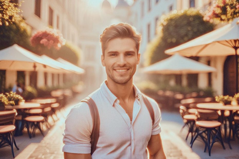 A man with short, light brown hair and a bright smile stands on a charming cobblestone street. Wearing a light short-sleeved shirt and sporting a trendy Chrome Industries sling messenger bag, he exudes casual chic amidst sunlit cafes adorned with vibrant flowers and trees.