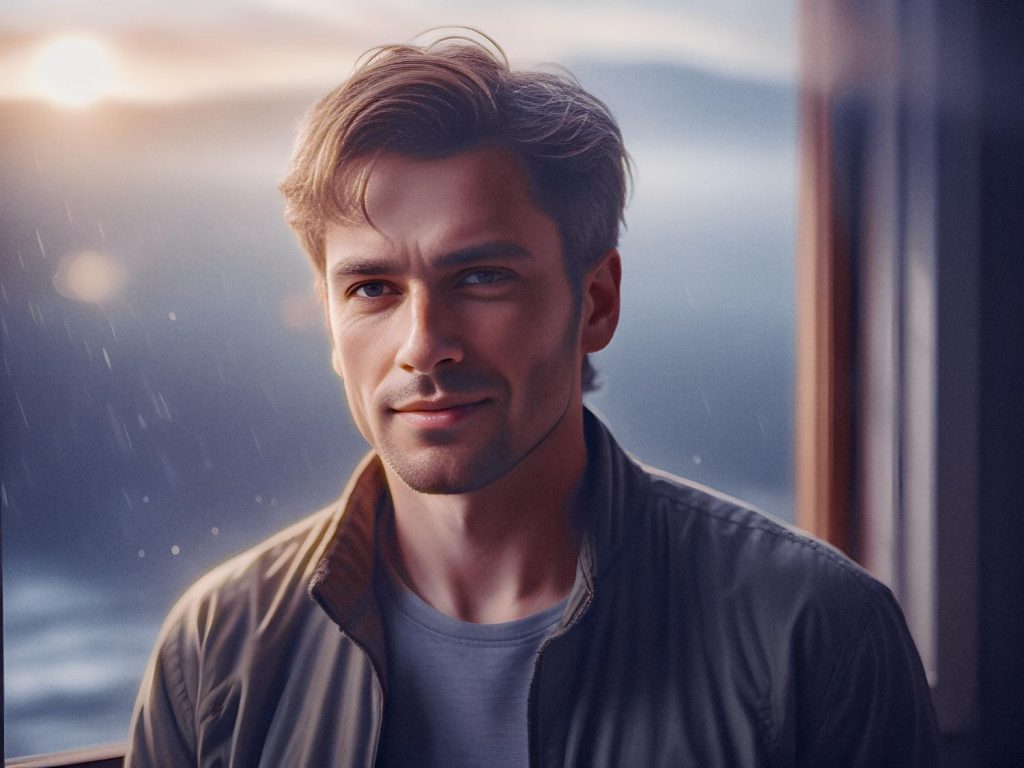 A man with light brown hair and a slight smile stands stylishly in front of a misty, sunlit window, flaunting a jacket over his summer-ready T-shirt.