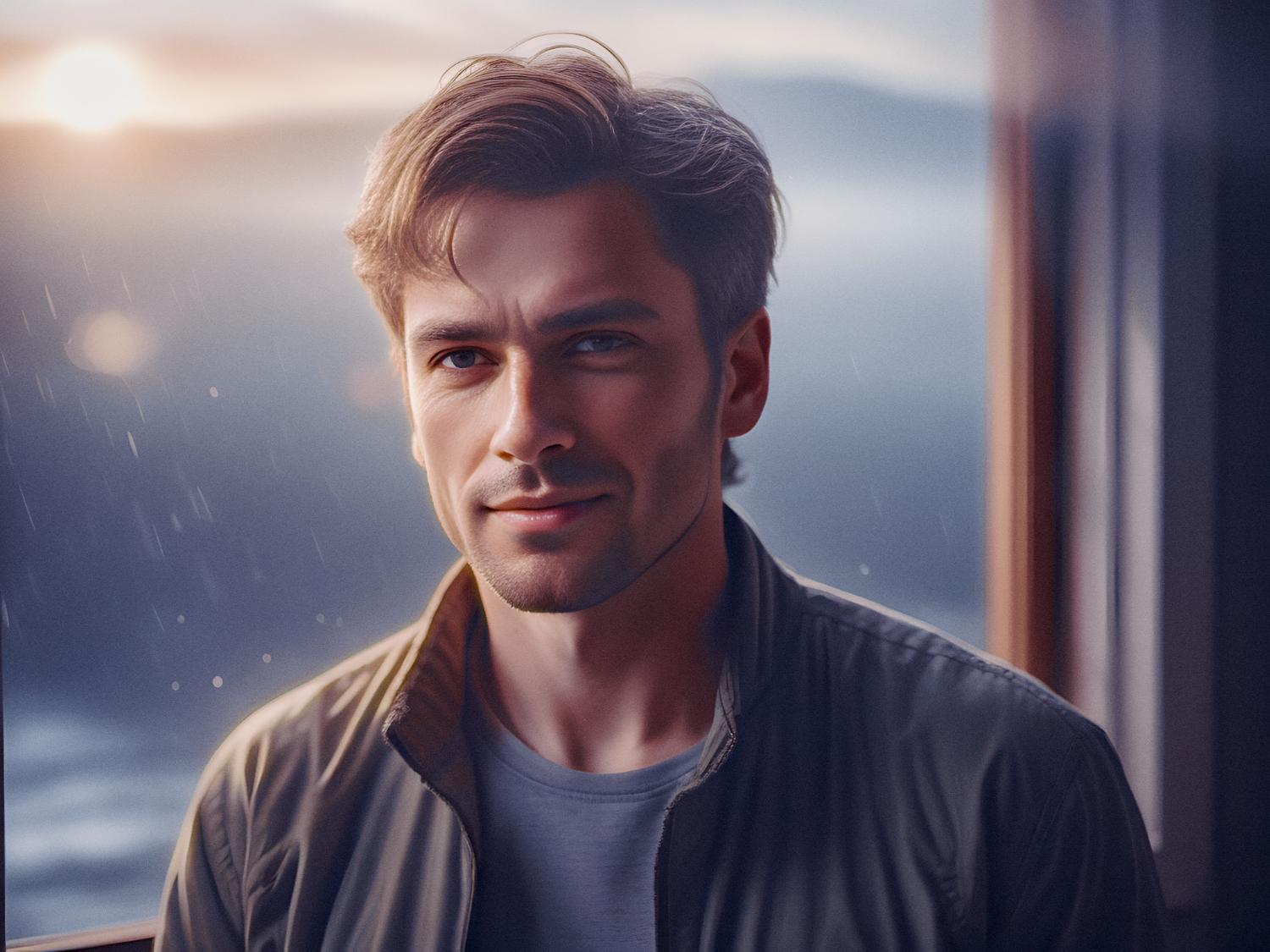 A man with light brown hair and a slight smile stands stylishly in front of a misty, sunlit window, flaunting a jacket over his summer-ready T-shirt.