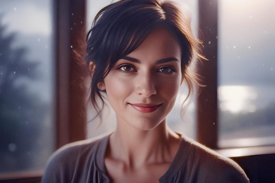 A woman with dark hair in a loose updo smiles gently, illuminated by soft window light. Her grey top embodies timeless elegance and serenity.