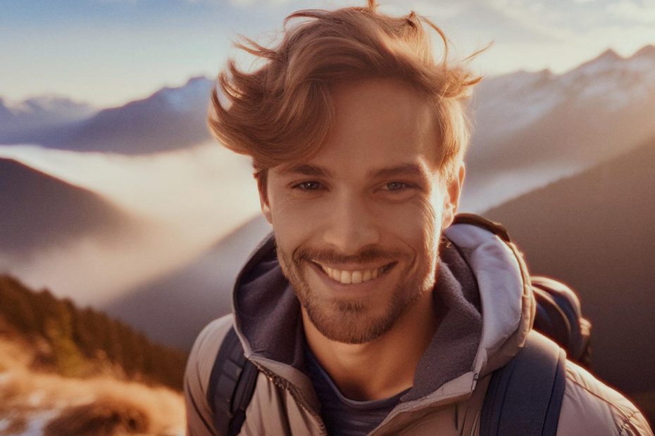 A stylish man with wavy hair and a beard smiles on a mountain trail, sporting a light jacket and trendy camo messenger bag. Scenic foggy valley backdrop.