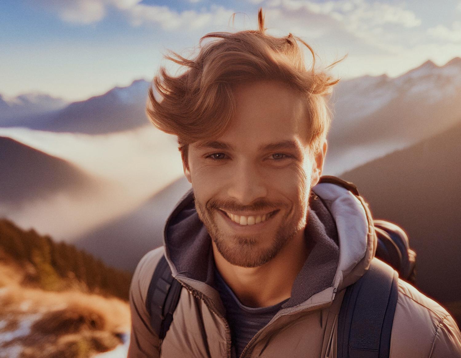 A stylish man with wavy hair and a beard smiles on a mountain trail, sporting a light jacket and trendy camo messenger bag. Scenic foggy valley backdrop.