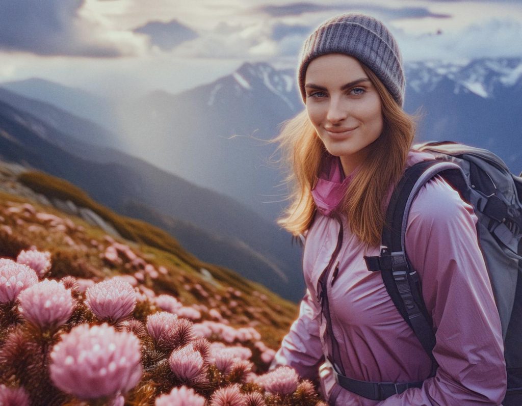 A stylish woman in a gray beanie and purple jacket stands trail-side with a chic camo messenger bag, amid blooming pink flowers and snow-capped peaks.