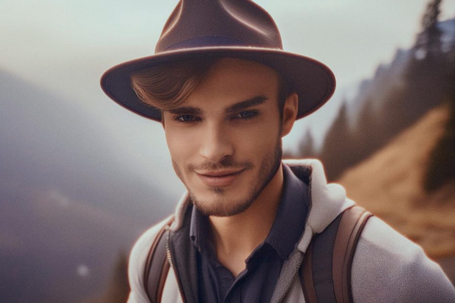 A stylish young man with a light beard and coiffed hair smiles at the camera, sporting a wide-brimmed hat, layered hoodie-collared shirt combo, and Gucci Neo Vintage backpack against a blurred mountainous backdrop. Modern adventure chic!