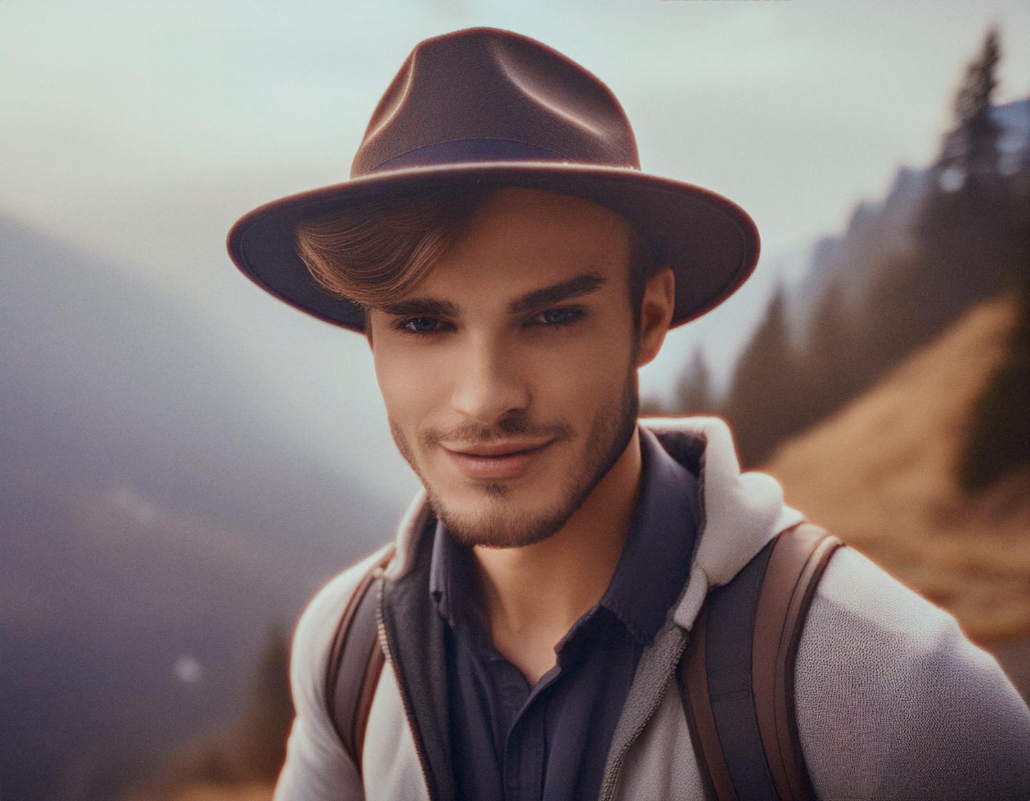 A stylish young man with a light beard and coiffed hair smiles at the camera, sporting a wide-brimmed hat, layered hoodie-collared shirt combo, and Gucci Neo Vintage backpack against a blurred mountainous backdrop. Modern adventure chic!